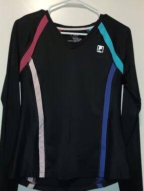 Fila Black V-Neck Long Sleeve Top with Teal, Royal Blue & Maroon Panels